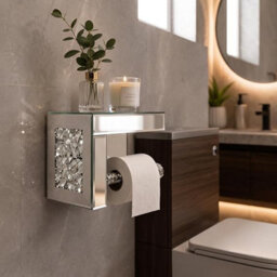 Deenz Silver Crushed Crystal Mirrored Toilet Paper Holder & Shelf Feature Wall Hanging Tissue Roll Storage Rack Bathroom 20X13Cm - thumbnail 3