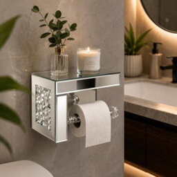 Deenz Silver Crushed Crystal Mirrored Toilet Paper Holder & Shelf Feature Wall Hanging Tissue Roll Storage Rack Bathroom 20X13Cm - thumbnail 1