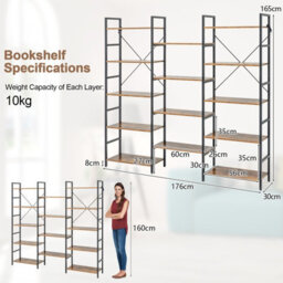 Costway 5-Tier Industrial Bookshelf Large Triple Floor Standing Bookcase Display Shelf - thumbnail 2