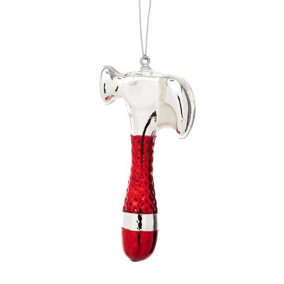 Sass & Belle Christmas Glass Hammer Hanging Decoration - Hand-Painted Red Handle With Shiny Silver Top, 12 X 6 X 3.5 Cm