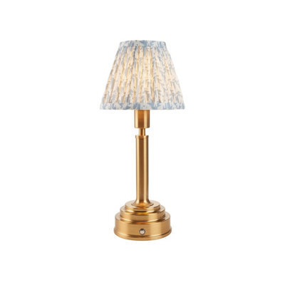 Luminosa Lighting Luminosa Upton Rechargeable Brushed Aged Brass Plate Table Lamp With Shell Bay Blue Fabric Leaf Shade 16Cm Integrated Led