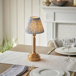 Luminosa Lighting Luminosa Upton Rechargeable Brushed Aged Brass Plate Table Lamp With Shell Bay Blue Fabric Leaf Shade 16Cm Integrated Led - thumbnail 2