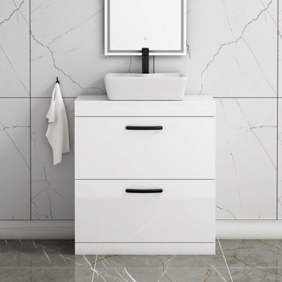Royal Bathrooms 800mm Floor Standing Vanity Unit 2 Drawer Gloss White & Countertop Basin - Cube With Matt Black Handle - image 1