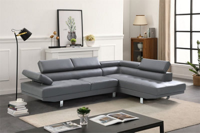 Eco Living Ravello Leather Corner Sofa Adjustable Headrests, L-Shaped Sectional, Contemporary Living Room Seating, Right Hand Facing, Grey