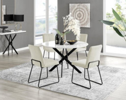 Furniturebox Uk Novara White Gloss Black Leg 120Cm Round Dining Table & 4 Cream Halle Chairs - thumbnail 1