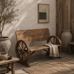 Wyld Haus Livika 2-Seater Fir Wood Garden Bench With Wagon Wheel Side Panels - Carbonised Brown
