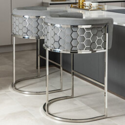 my furniture Alveare Counter Stool Silver - Dove Grey, Velvet Upholstered, Chrome Frame - thumbnail 3