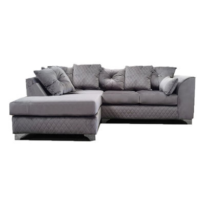 Furnishings For Less UK Victoria Soft Plush Velvet 3 To 4 Seater L Shaped Corner Sofa Grey Left Hand Facing - Scatter Back