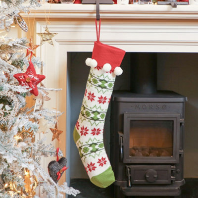 Dibor Knitted White Fair Isle Pompom Xmas Gift Decoration Christmas Stocking For Kids - image 1