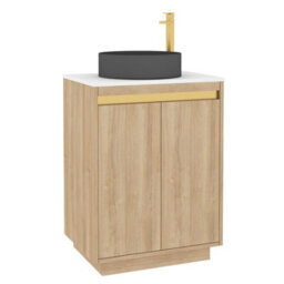 Royal Bathrooms Orion 600mm Natural Oak Floor Standing Plain White Countertop Vanity Unit 2 Door With Art Round Basin & Brushed Brass Accent Trim - thumbnail 6