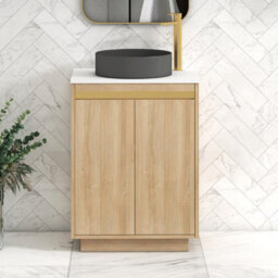 Royal Bathrooms Orion 600mm Natural Oak Floor Standing Plain White Countertop Vanity Unit 2 Door With Art Round Basin & Brushed Brass Accent Trim - thumbnail 2