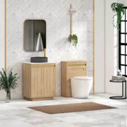 Royal Bathrooms Orion 600mm Natural Oak Floor Standing Plain White Countertop Vanity Unit 2 Door With Art Round Basin & Brushed Brass Accent Trim - thumbnail 3