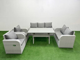 Fimous Pe Rattan Garden Furniture Set Reclining Chair Sofa Double Love Seat 2 Seater Sofa Lounge Set Light Grey