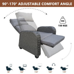 Patio Rattan Recliner, Outdoor Rattan Lounger With Soft Cushion, 170 Degree Adjustable Backrest And Footrest - Gray - thumbnail 3