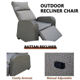 Patio Rattan Recliner, Outdoor Rattan Lounger With Soft Cushion, 170 Degree Adjustable Backrest And Footrest - Gray - thumbnail 2