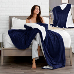 Ameha Sherpa Fleece Blanket Bed Throws For Sofas Large Soft Thick Fluffy Reversible Winter Warm Navy Double Size 150X200Cm - thumbnail 3