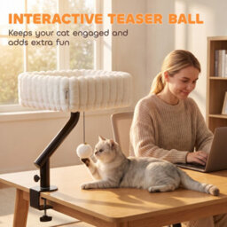 Pawhut Cat Desk Bed, Rotatable Raised Cat House W/ Hanging Ball, White - thumbnail 7