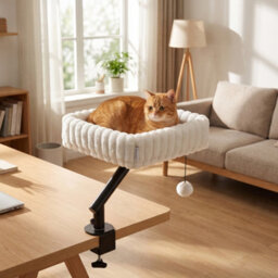 Pawhut Cat Desk Bed, Rotatable Raised Cat House W/ Hanging Ball, White - thumbnail 2