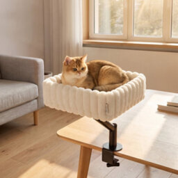 Pawhut Cat Desk Bed, Rotatable Raised Cat House W/ Hanging Ball, White - thumbnail 1
