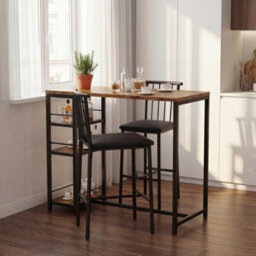 Bealife Bar Table Set 3-Piece, Kitchen Dining Table With 2 Chairs, Padded Seats With Backrest, Storage Shelves - thumbnail 2