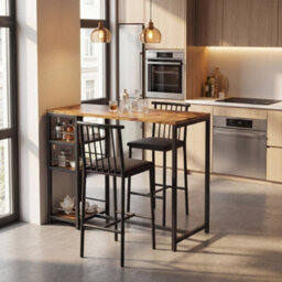 Bealife Bar Table Set 3-Piece, Kitchen Dining Table With 2 Chairs, Padded Seats With Backrest, Storage Shelves - thumbnail 4