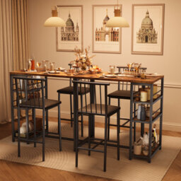 Bealife Bar Table Set 3-Piece, Kitchen Dining Table With 2 Chairs, Padded Seats With Backrest, Storage Shelves - thumbnail 6