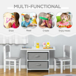 Homcom 3 Pcs Kids Table & Chairs Set Toddler Furniture W/ Storage Drawers White - thumbnail 4