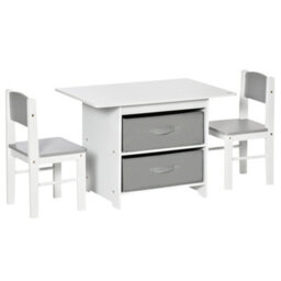 Homcom 3 Pcs Kids Table & Chairs Set Toddler Furniture W/ Storage Drawers White - thumbnail 2