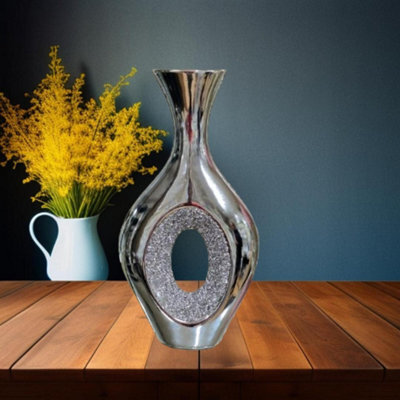 DEENZ Crushed Diamond Crystal Sparkly Silver Chrome Flower Vase 40Cm