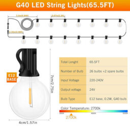 Outdoor String Lights Garden 65 Ft 20 M Led Festoon Light Mains Powered With Remote Dimmable Timer Outside Waterproof G 40 26+2 - thumbnail 4