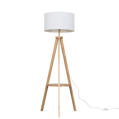Valuelights Morrigan Natural Wood Shelf Tripod Floor Lamp With White Drum Shade And Bulb - image 1