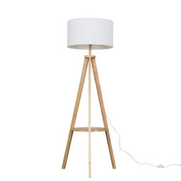 Valuelights Morrigan Natural Wood Shelf Tripod Floor Lamp With White Drum Shade And Bulb - thumbnail 3