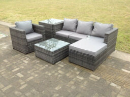 Fimous Lounge Dark Mixed Grey Rattan Sofa Set With 2 Table Stool Outdoor Garden Furniture Patio Side Table 5 Seater - thumbnail 4