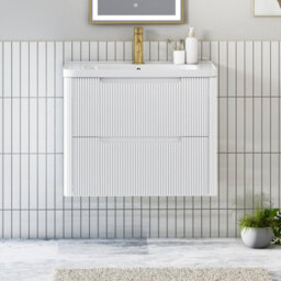 Royal Bathrooms Avenza 700mm Fluted Wall Hung Vanity Unit Matt White 2 Drawer Storage Cabinet With Ceramic Basin - thumbnail 1