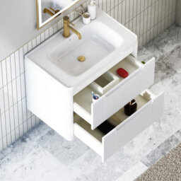 Royal Bathrooms Avenza 700mm Fluted Wall Hung Vanity Unit Matt White 2 Drawer Storage Cabinet With Ceramic Basin - thumbnail 5