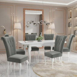 Lara Extendable Dining Table Set With 6 St63 Dining Chairs Mdf Hdf Chipboard Wood 140 To 180 Cm White And Grey - thumbnail 1