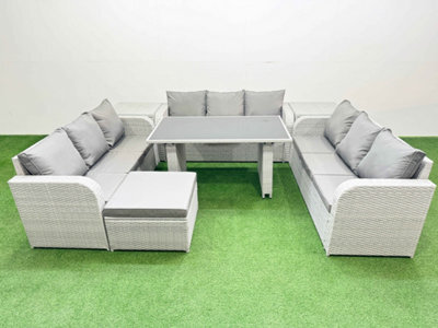 Fimous Patio Garden Furniture Sets With Black Glass Top Dining Table 3 Seater Sofa 2 Side Tables Big Stool Light Grey - image 1