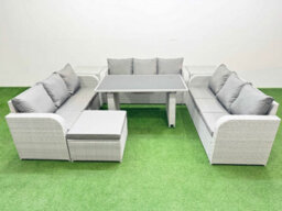 Fimous Patio Garden Furniture Sets With Black Glass Top Dining Table 3 Seater Sofa 2 Side Tables Big Stool Light Grey
