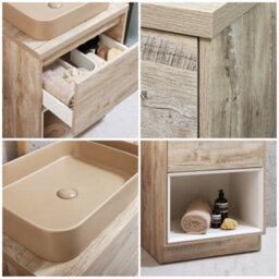 Homestylestore Light Oak 600mm Bathroom Vanity Unit Rectangular Sand Countertop Basin Open Shelf - thumbnail 2