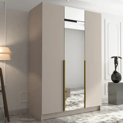 Minimalist Three Door Wardrobe Calia Ii With One Door Mirrored Cashmere With Gold Handles - image 1