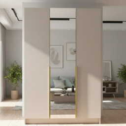Minimalist Three Door Wardrobe Calia Ii With One Door Mirrored Cashmere With Gold Handles - thumbnail 2