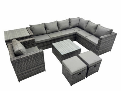 Fimous Outdoor Pe Rattan Garden Furniture Sofa Set With Square Coffee Table Chair Side Table 2 Small Stools Dark Grey - image 1