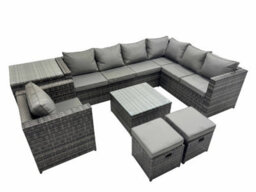 Fimous Outdoor Pe Rattan Garden Furniture Sofa Set With Square Coffee Table Chair Side Table 2 Small Stools Dark Grey - thumbnail 1