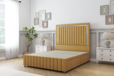 "Sloomy Boston Chrome Mustard Plush Divan Bed 2 Drawers Left Side-54"" Floor Standing Headboard 12"" Footboard 2'6 Small Single" - image 1
