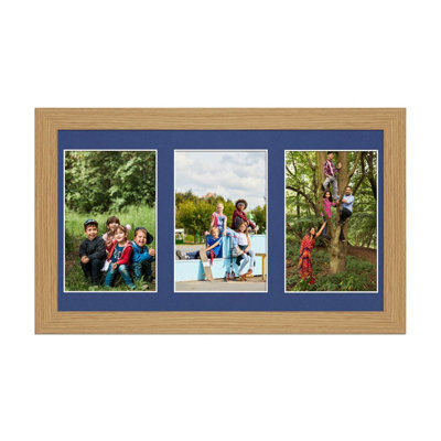 AK Frames 40X20Cm Light Oak Modern Multi Photo Frame With Blue Mount - Holds 3 Apertures (3X) 6X4 Photos - image 1