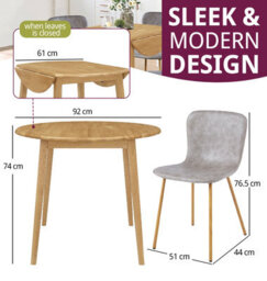 Hallowood Furniture Ledbury Light Oak Drop Leaf Round Dining Table With 4 Taupe Leather Effect Chairs - thumbnail 3