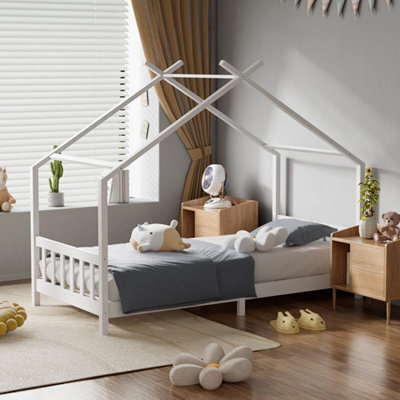 3Ft Twin Size Solid Pine Wood Bed House Bed Frame With Guard Fence - image 1