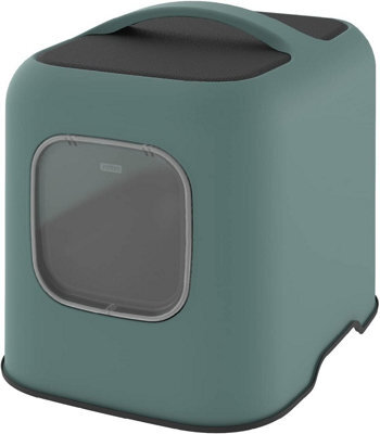Cat Litter Box, Rotho Litter Tray With Hood And Scooper, Green/anthracite
