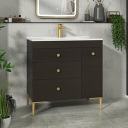 Royal Bathrooms Verona 800mm Walnut Woodgrain Floor Standing Vanity Unit 3 Drawer Side Pull Out Storage Ceramic Basin - Brass Knob - thumbnail 1