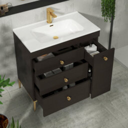 Royal Bathrooms Verona 800mm Walnut Woodgrain Floor Standing Vanity Unit 3 Drawer Side Pull Out Storage Ceramic Basin - Brass Knob - thumbnail 5